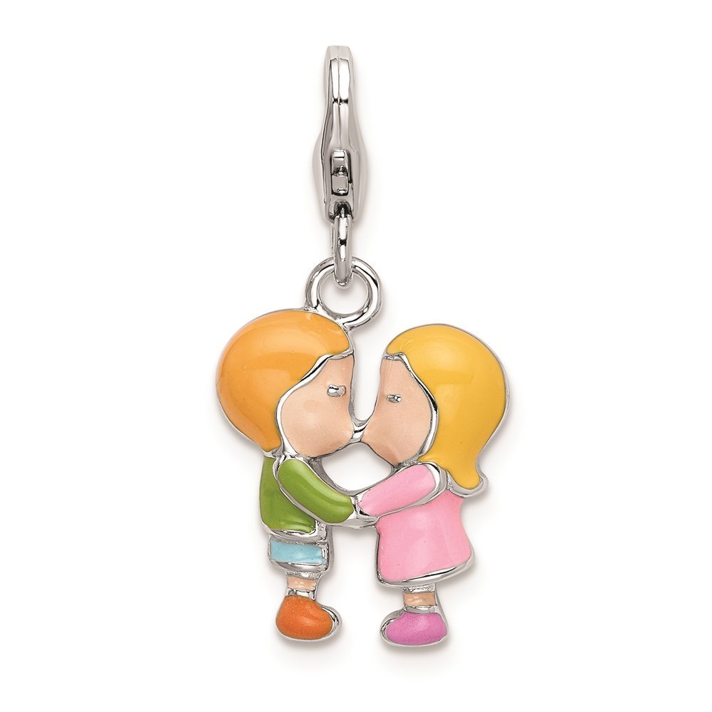 Sterling Silver Polished Enameled Kissing Couple Bracelet Charm Lobster Clasp
